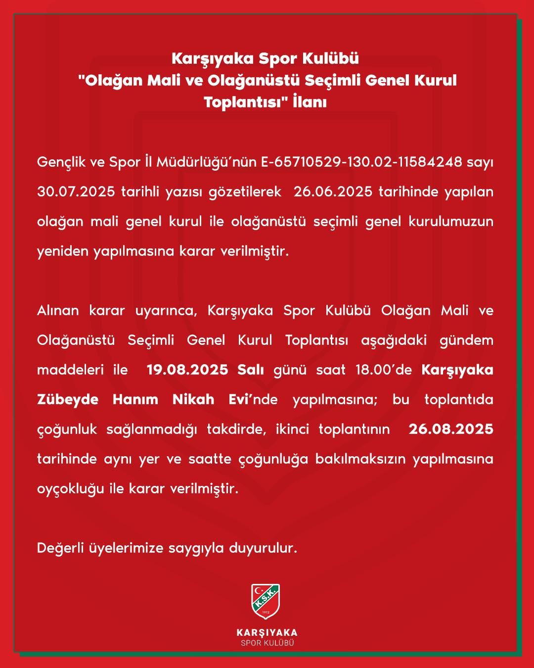 Olağan Mali - Olağanüstü Seçimli Genel Kurul İlanı